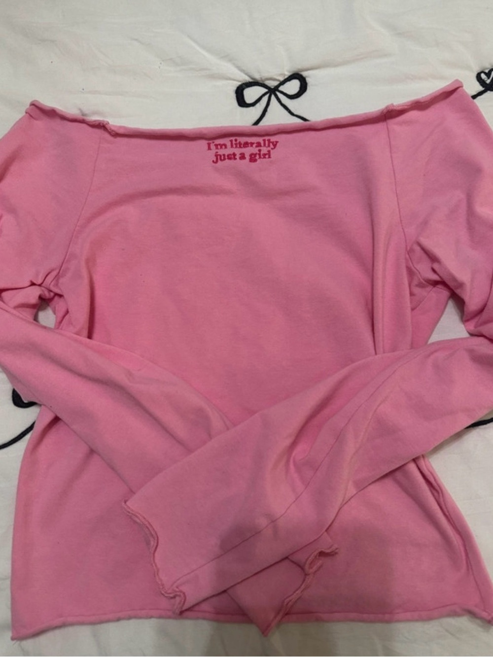 Fashion Nova Off-Shoulder Pink Long Sleeve Top with Embroidered Slogan